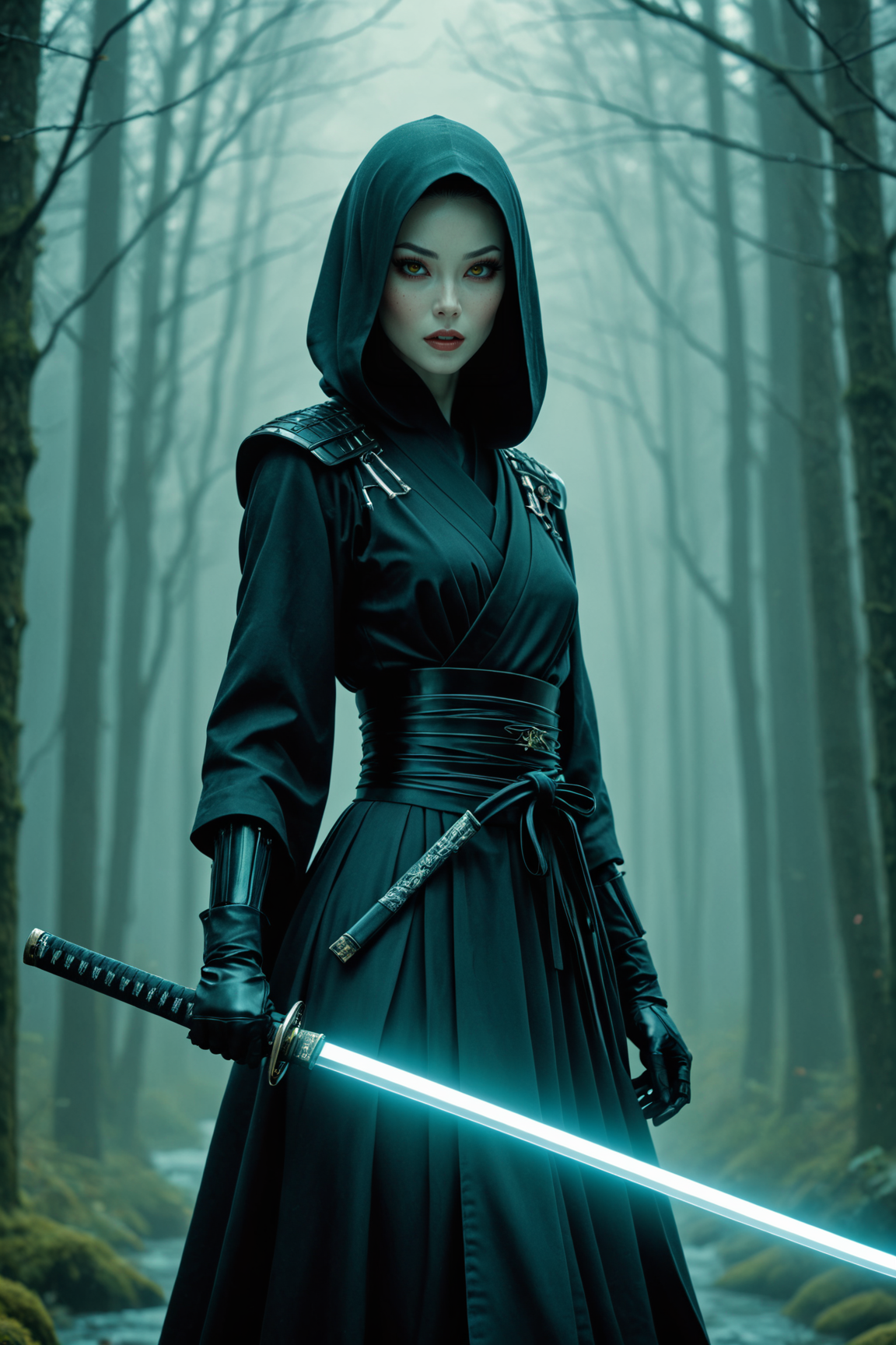 by Victo Ngai and Terry Redlin in the style of Lori Earley, cinematic photo <lora:juggernaut_cinematic:1.00> , cultist wielding a katana <lora:katana:0.35>