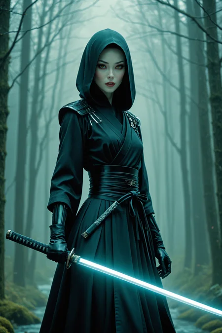 by Victo Ngai and Terry Redlin in the style of Lori Earley, cinematic photo <lora:juggernaut_cinematic:1.00> , cultist wielding a katana <lora:katana:0.35>