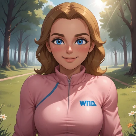 score_9, score_8, BREAK, solo, wii, mii, wii sports, 1girl, female mii, dark blonde hair, blue eyes, brown eyebrows, blush, pink clothing, white pants, shoes, breasts, nintendo mii, modern_mii, classic_mii, Barbara_(Wii_Sports), cute, dark skin, dark skin female, sexy pose, self portrait, smile, outdoors, sunlight, shadows, evening lighting, natural lighting, forest, trees, grass, orange sky, sunset