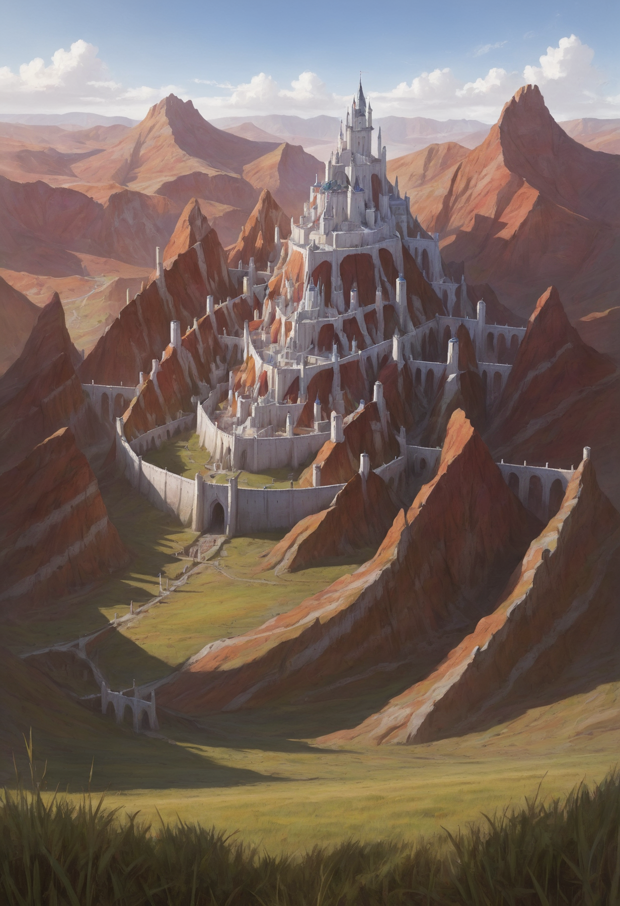Kholinar, castle at the bottom of a valley, city, colorful rock formations, grass, high fantasy realm, <lora:Kholinar_City_-_Stormlight_Archive:0.6>