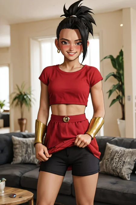zPDXL3, <lora:kale_pony_v3:.5>,
kale, black hair, ponytail, black eyes, red crop top, red skirt, black shorts, gold bracers, looking at viewer, smiling, blush, standing, skirt lift, inside cozy living room, couch,