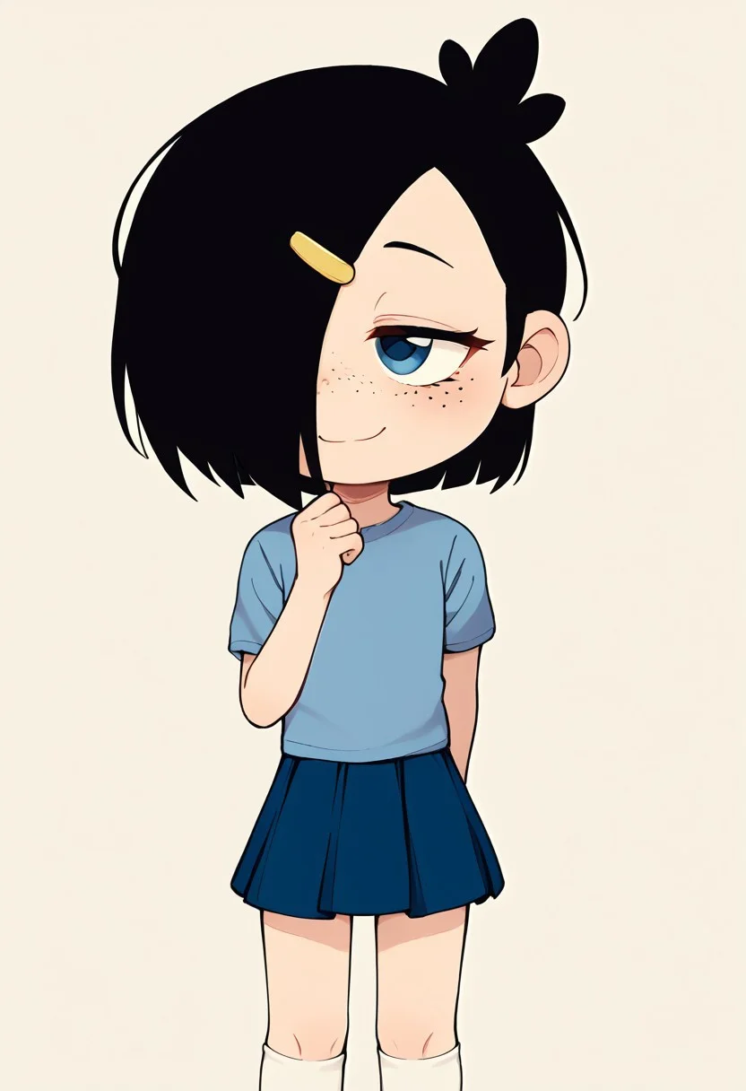 score_9_up, score_8_up, score_7_up, (high quality), (masterpiece), (high resolution), source_cartoon, perfect hands, perfect eyes, perfect skin, perfect anatomy <lora:ShyQT:1> 5hyq7, black hair, hairclip, hair over one eye, freckles, blue shirt, blue skirt, white socks, young girl, soft features, feeling cute, mellow, and sleepy, mellow eyes, sleepy eyes, soft smile and relaxed posture, tilting her head, cozy bedroom with soft lighting and warm colors, cartoon style, soft focus, gentle shadows, pastel colors.,