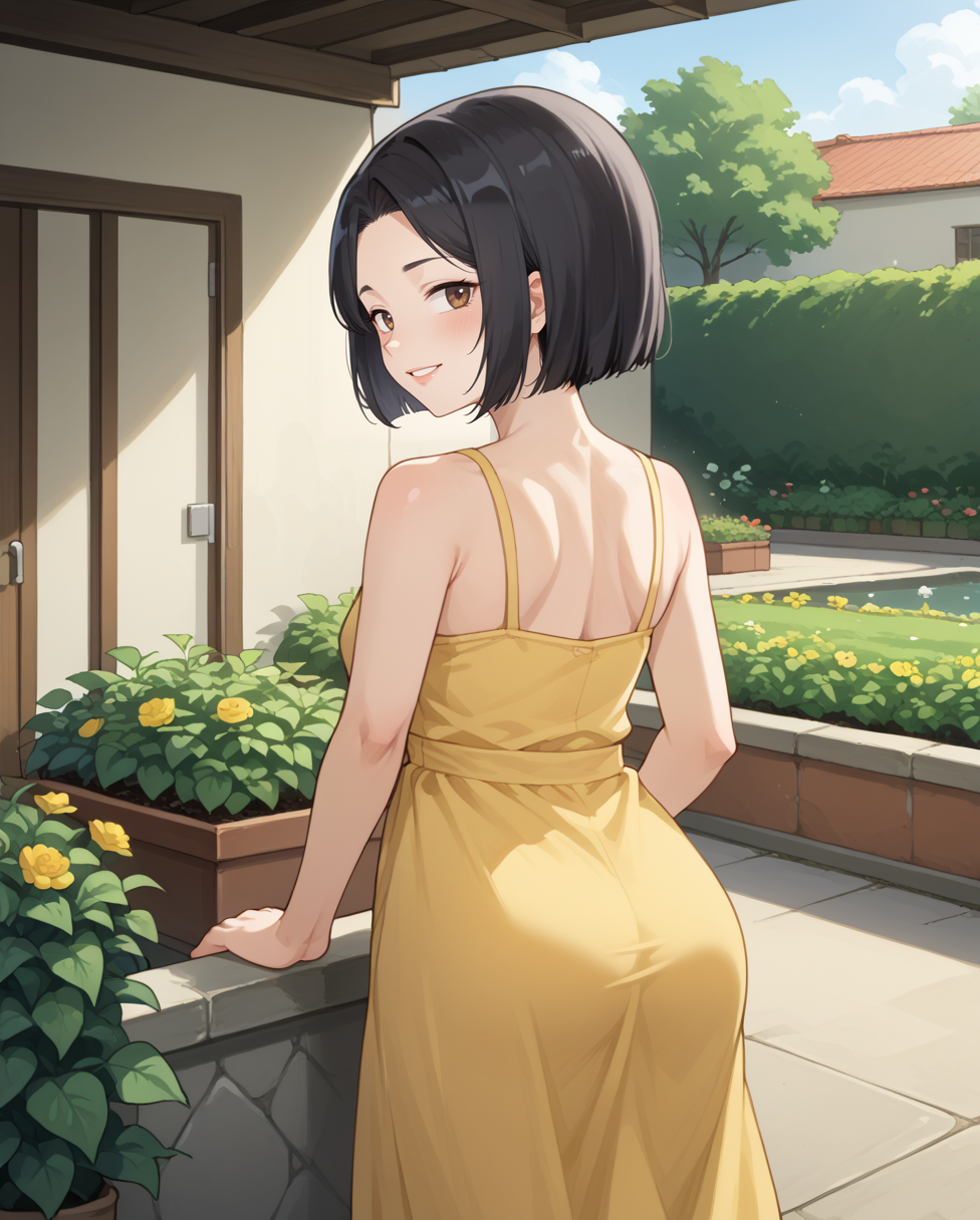 positive: score_9, score_8_up, source_anime, uncensored, 
1girl, solo,
YamadaSanae, black hair, brown eyes, short hair, from behind, yellow sundress, garden, day, sunshine, smile, looking back, <lora:ChamYamadaSanaePonyXL:1>, <lora:Bubble Butt_alpha1.0_rank4_noxattn_last:0.2>,  <lora:Ass Adjust_alpha1.0_rank4_noxattn_last:0.2>,, , <lora:Expressive_H:0.8> ExpressiveH,  <lora:add_details_xl:1>,  <lora:HandFineTuning_XL:1>,  <lora:For_Pony_v0.2:0.25> raw lighting, overexposed, harsh flash,