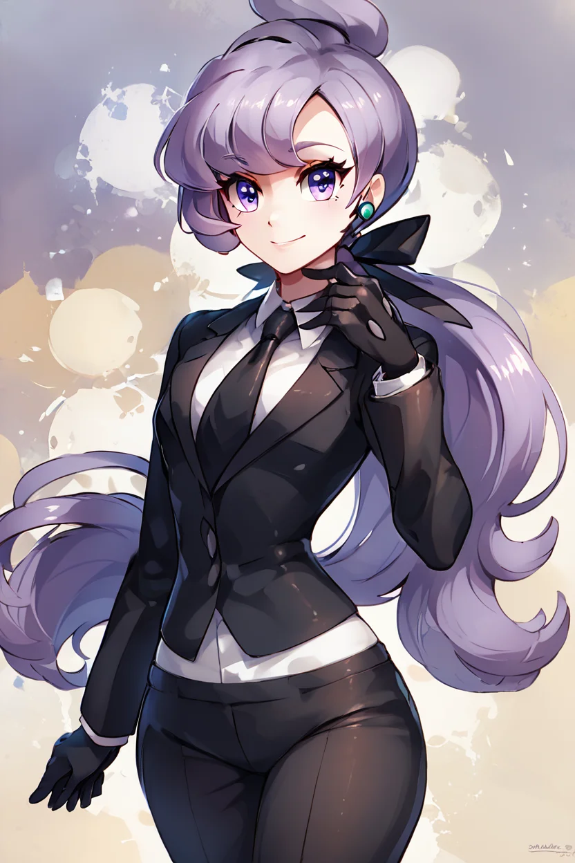 score_9, score_8_up, score_8, medium breasts, (curvy), cute, eyelashes, BREAK, , ,,, zzAnabel, purple hair, purple eyes, long hair, ponytail, ribbon, hair ribbon, bangs, black ribbon, black suit, formal, black tie, black gloves, <lora:Anabel_Pokemon_PDXL:1.0>, ,,,, BREAK, smile, looking at viewer, ,,, abstract background, white outline, cowboy shot, ,,, embedding:zPDXL, Expressiveh, ,,, <lora:CatalystStylePDXL:0.6>, <lora:SDXLFaeTastic2400:0.5>, <lora:Expressive_H-000001:0.4>,