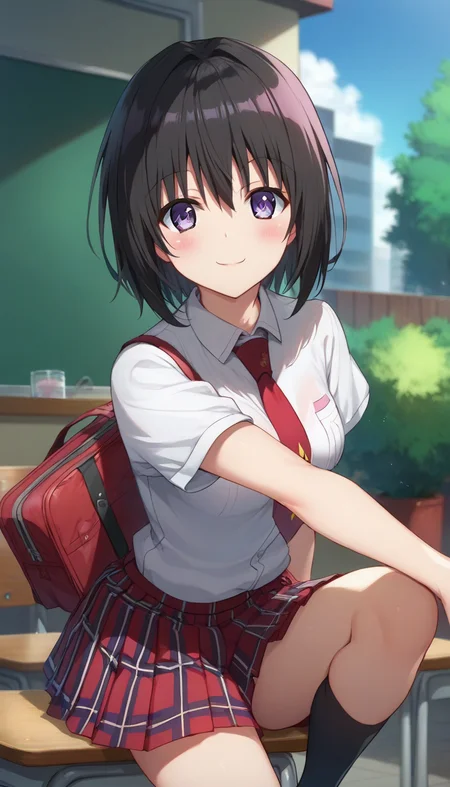 score_9,score_8_up,score_7_up,score_6_up BREAK official art,solo,outdoors,cowboy shot,looking at viewer,facing viewer,smile,blush,Kirisaki Kyoko,short hair,black hair,hair intakes,hair between eyes,bangs,purple eyes,school uniform,white shirt,collared shirt,red necktie,short sleeves,red skirt,pleated skirt,plaid skirt,black socks,loafers,<lora:Kirisaki Kyoko(tlr)-Pony:1.6>,