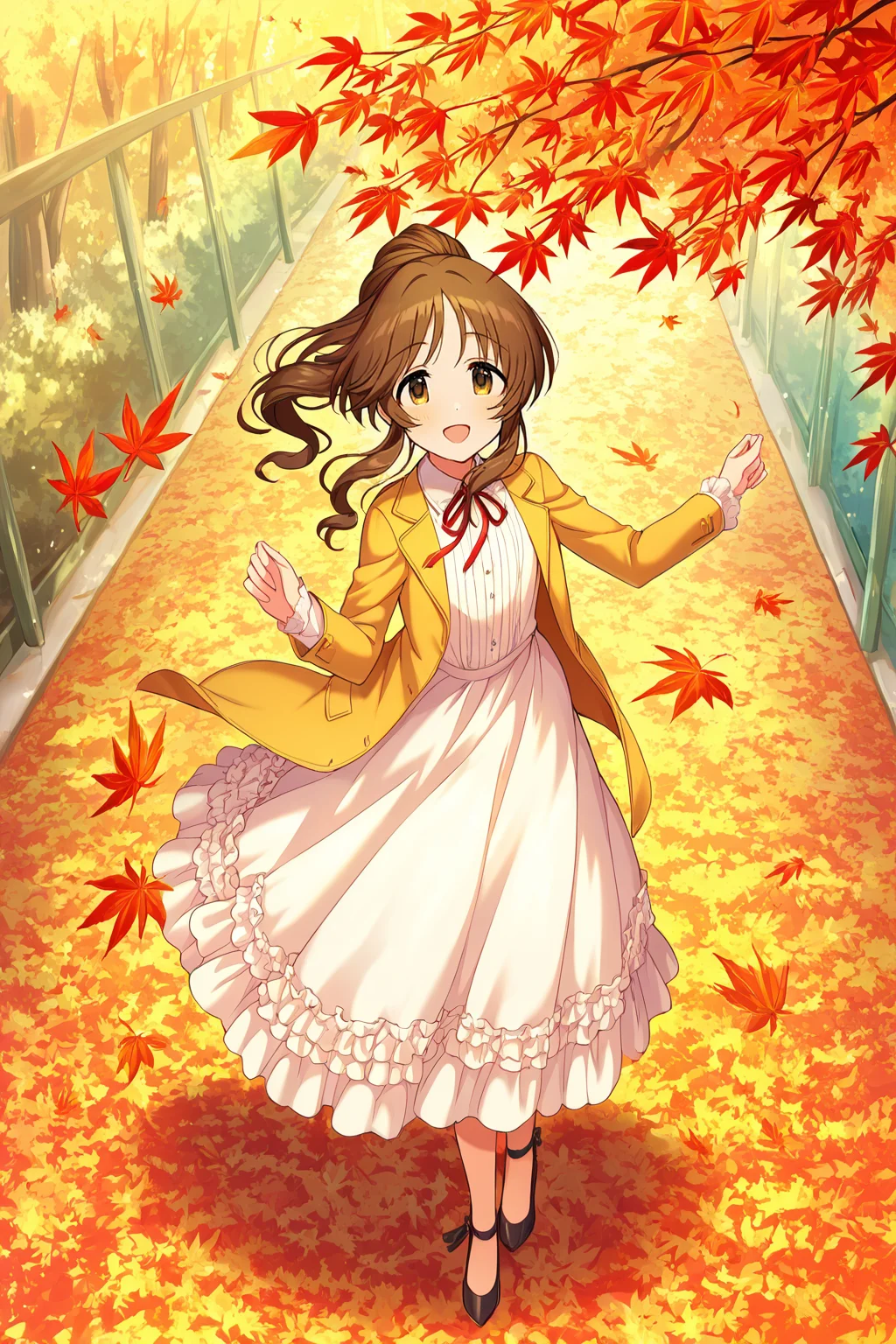 masterpiece,best quality,very aesthetic,absurdres,highres,newest,official art,official style,
1girl,solo,
takamori aiko,brown eyes,brown hair,long hair,sidelocks,
jacket,layered skirt,long skirt,long sleeves,neck ribbon,jacket,red ribbon,ribbon,shirt,skirt,white shirt,
<lora:eye_focus:1>,eye_focus,
maple leaf,leaf,
smile,standing,full body,open mouth,looking at viewer,
<lora:idolmaster_takamori_aiko_ill_v1.0:1>,