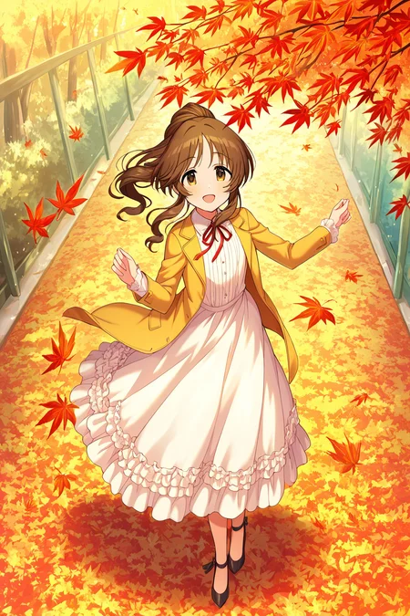 masterpiece,best quality,very aesthetic,absurdres,highres,newest,official art,official style,
1girl,solo,
takamori aiko,brown eyes,brown hair,long hair,sidelocks,
jacket,layered skirt,long skirt,long sleeves,neck ribbon,jacket,red ribbon,ribbon,shirt,skirt,white shirt,
<lora:eye_focus:1>,eye_focus,
maple leaf,leaf,
smile,standing,full body,open mouth,looking at viewer,
<lora:idolmaster_takamori_aiko_ill_v1.0:1>,