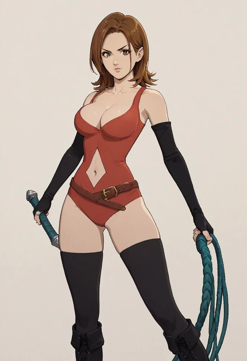 score_9,score_8_up,score_7_up, Friesia, 1girl, solo, large breasts,, brown hair, brown eyes, medium hair, FriesiaBS, cleavage, red leotard, navel, elbow gloves, boots, belt, black thighhighs, fingerless gloves, clothing cutout, black gloves, upper body, close up face, whip,
