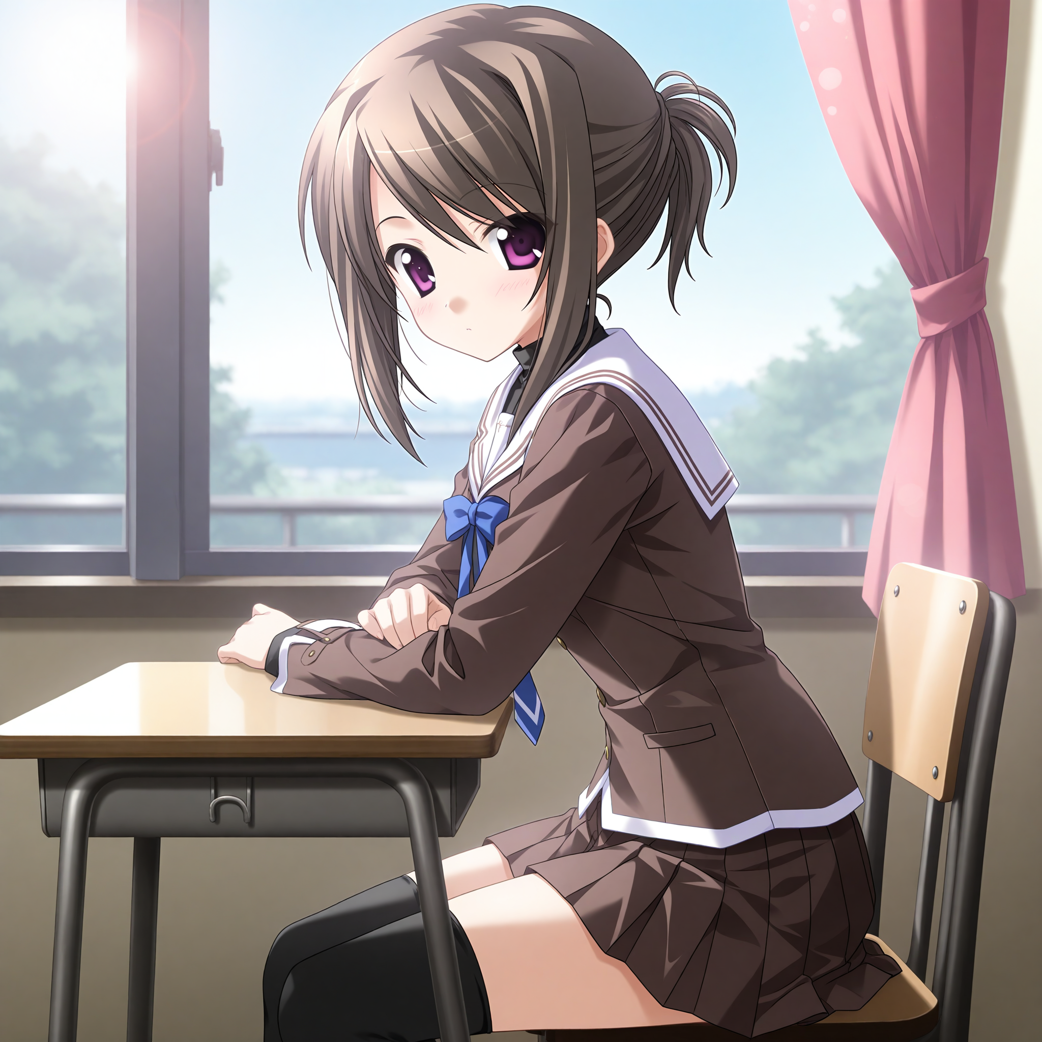 <lora:Hayama_Mizuki_1_nai-000042:1>,Hayama Mizuki,hair up,
black thighhighs,school uniform,long sleeves,white sailor collar,blue bowtie,brown jacket,black shirt,turtleneck shirt,brown skirt,miniskirt,pleated skirt,
1girl,solo,looking at viewer,sitting,from side,arm support,on chair,desk,indoors,window,curtains,day,arm on table,depth of field,lens_flare,