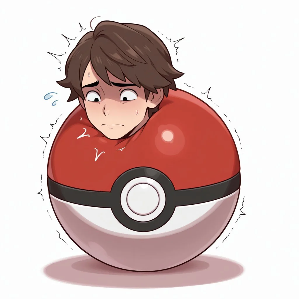 masterpiece,best quality,amazing quality,1boy, solo. man stuck in a red and white pokeball, head out, worried, struggling, twitching. he has brown hair, black eyes. white background.