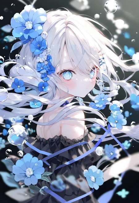 score_9, score_8_up, score_7_up, score_6_up, <lora:oninekoXL_TPN55_lokr_V43P1:0.95> 1girl, flower, solo, blue eyes, blue flower, looking at viewer, hair ornament, long hair, upper body, bubble, bare shoulders, hairclip, white hair, dress, floating hair, off shoulder, black background, black dress, hair between eyes, ribbon, off-shoulder dress, air bubble, blue ribbon, closed mouth, underwater, blush, hair flower, looking back