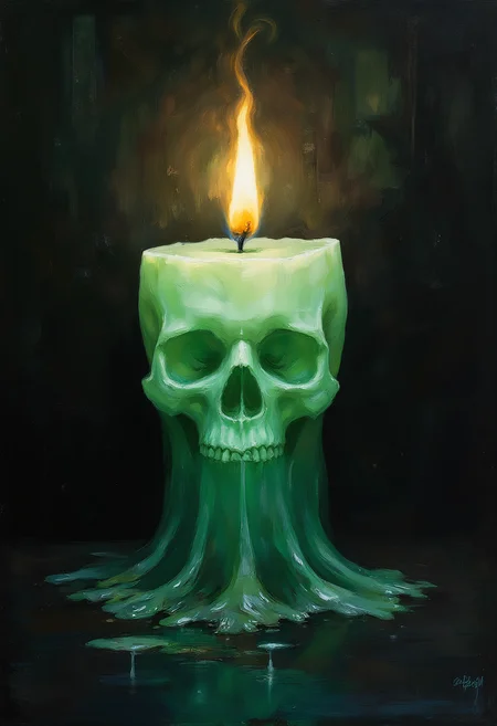 Painting, A skull shaped toxic green translucent candle lit, in front of a black wall, , melted wax on the base of the candle and table, vibrant glow