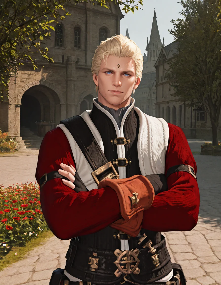 masterpiece, best quality, absurdres, newest, perfect quality, best quality, absolutely eye-catching, detailed background, intricate details, male focus, solo, realistic, <lora:FFXIV - Nero tol Scaeva - Illustrious-000005:0.7>, ffxiv_nero, 1boy, tall male, blue eyes, blonde hair, forehead mark, stubble, red shirt, vest, belt, fingerless gloves, looking at viewer, head tilt, medieval city, trees, flowers, upper body, crossed arms