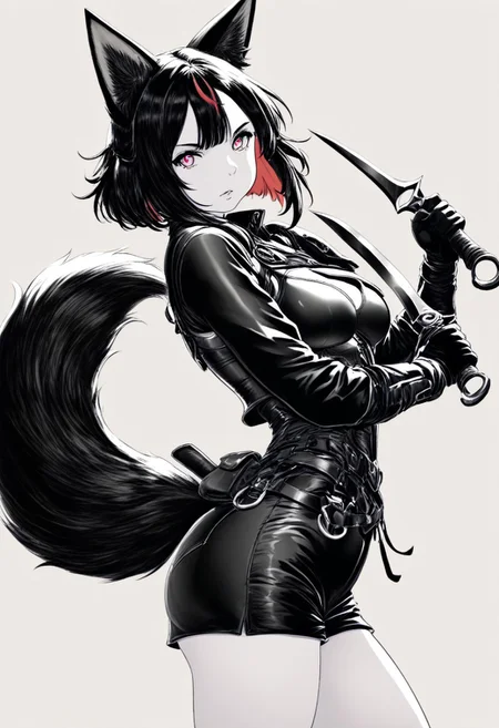 masterpiece, high quality, best quality, highres, 1girl, Kannachan, (Pink glowing eyes:0.5), red and black tail, fox tail, fox ears, knibor, monochrome, greyscale, simple background, CatGirlNeonStyle, pale skin, leather armor, thief, dagger in hand, ready to attack