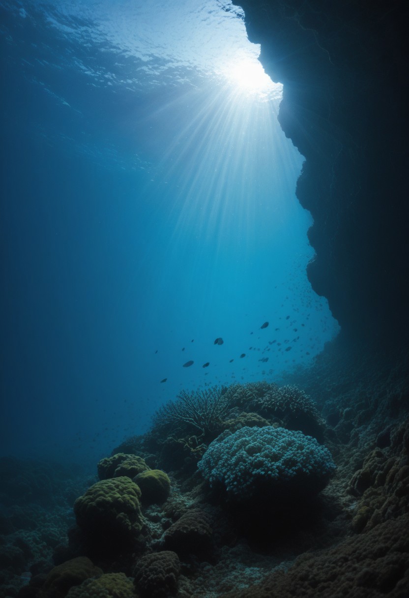 highly detailed underwater photo of a colorful reef,
(blue tint light:1.3), (murky water:1.2), (distance haze:1.2), intricate detail, beautiful soft lighting