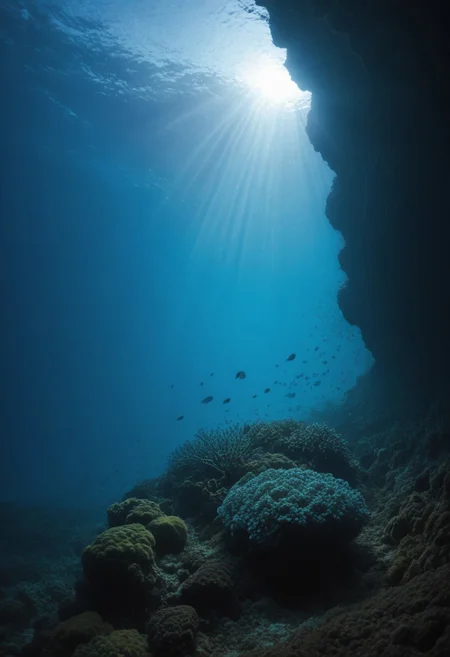 highly detailed underwater photo of a colorful reef,
(blue tint light:1.3), (murky water:1.2), (distance haze:1.2), intricate detail, beautiful soft lighting