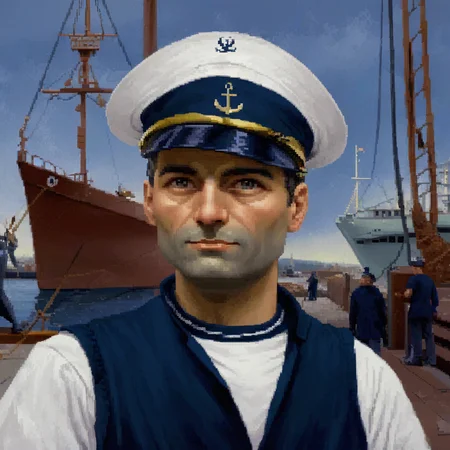 dosvga style, portrait of a sailor in a shipyard <lora:dosvgaSDXLv4.1-000015:1>