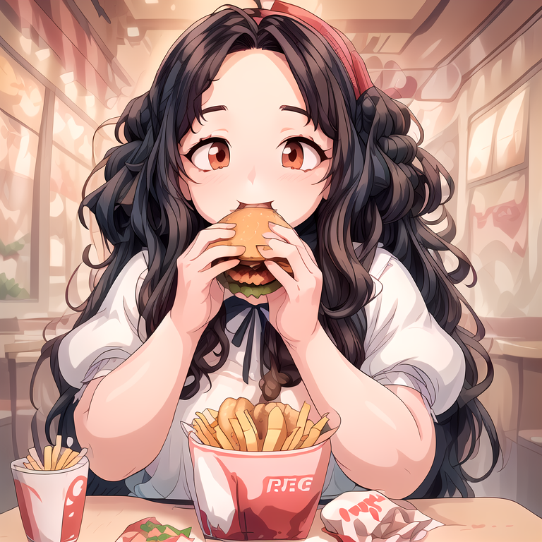 (masterpiece:1.4), high quality, high definition, sharp focus, detailed clothes, detailed body, detailed face, anime, best quality, 4k, 8k, absurd resolution, intricate detail, detailed hands, detailed eyes, animation, illustration, highly detailed, highres, extremely detailed, <lora:hyperdenoiser_v090:0.6>, <lora:perfetfingers:1>, OverallDetail, ah1, <lora:hyperrefiner_v090:0.6>, <lora:add_detail:1>, <lora:ETO_OCC002:0.7> ETO_OCC, black hair, (curly hair:1.5), long hair, thick eyebrows, (looking at viewer), (fat:1.5), (hazel eyes:1.5), (parted bangs:1.8), (1girl:1.4), skindentation, <lora:softservice:0.6> softservice, maid costume, full body, maid, maid headdress, maid apron, (sweet smile), (holding fried chicken), (girl with a hamburguer in her mouth), (detailed food:1.5), (food on mouth:1.5), (eating hamburguer), pov, open mouth, tongue out, (multiple hamburgers:1.8), (girl surrounded by food:1.6), (pov hands:1.5), (eating:1.5), (feeding:1.5), (being feed up:1.5), (feed up by viewer:1.7), (solo focus), (french fries on cheeks:1.8), (french fries cheeks poking:1.7), (cheeks poking with french fries:1.8) <lora:è¯å¾·åº v2:1> kendeji, fried chicken, burger, kfc food, kfc bucket,
