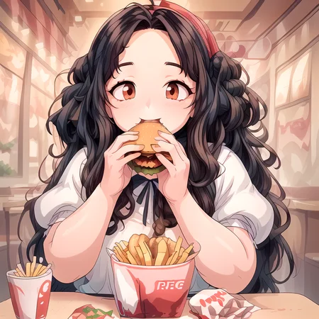 (masterpiece:1.4), high quality, high definition, sharp focus, detailed clothes, detailed body, detailed face, anime, best quality, 4k, 8k, absurd resolution, intricate detail, detailed hands, detailed eyes, animation, illustration, highly detailed, highres, extremely detailed, <lora:hyperdenoiser_v090:0.6>, <lora:perfetfingers:1>, OverallDetail, ah1, <lora:hyperrefiner_v090:0.6>, <lora:add_detail:1>, <lora:ETO_OCC002:0.7> ETO_OCC, black hair, (curly hair:1.5), long hair, thick eyebrows, (looking at viewer), (fat:1.5), (hazel eyes:1.5), (parted bangs:1.8), (1girl:1.4), skindentation, <lora:softservice:0.6> softservice, maid costume, full body, maid, maid headdress, maid apron, (sweet smile), (holding fried chicken), (girl with a hamburguer in her mouth), (detailed food:1.5), (food on mouth:1.5), (eating hamburguer), pov, open mouth, tongue out, (multiple hamburgers:1.8), (girl surrounded by food:1.6), (pov hands:1.5), (eating:1.5), (feeding:1.5), (being feed up:1.5), (feed up by viewer:1.7), (solo focus), (french fries on cheeks:1.8), (french fries cheeks poking:1.7), (cheeks poking with french fries:1.8) <lora:è¯å¾·åº v2:1> kendeji, fried chicken, burger, kfc food, kfc bucket,