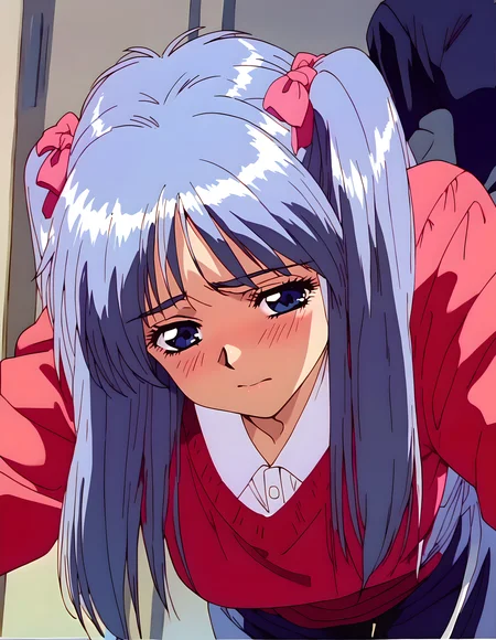 <lora:pony_xl_chipple:0.9>,chipple,score_9,score_8_up,score_7_up,source_anime,best quality,masterpiece,super fine illustration,1girl,solo,red sweater,long sleeves,standing,bent over,blush,shy,front view,upper_body,