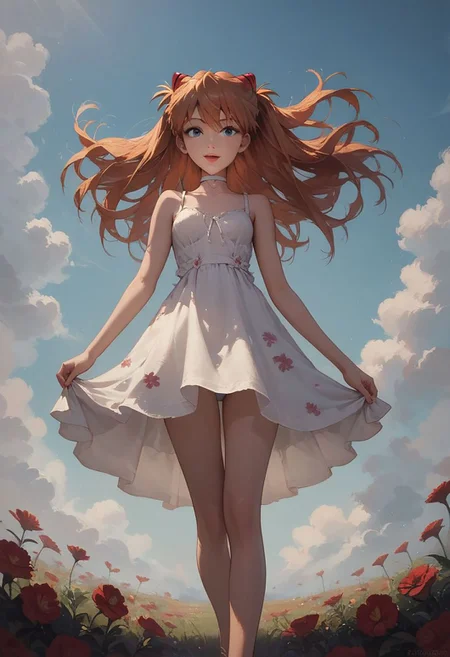 score_9, score_8_up, score_7_up, semi realistic, Asuka Langley (Evangelion), sundress with red flower print, white choker, looking at viewer, joyful, dress spinning in air, walking through field of flowers, outside in the daytime, bare feet, perfect feet, mood lighting, cinematic lighting, volumetric lighting, creative angle, low angle view