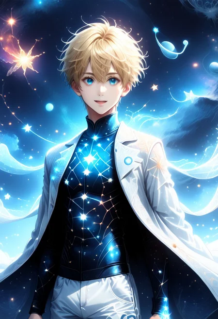 , score_9, score_8_up, score_7_up, 1boy, highly detailed, aesthetically stunning, anime-style, blonde-haired, blue-eyed, young man, short hair, bangs, smiling, open mouth, white coat, long sleeves, white baggy shorts, glowing scarf, floating, space setting, starry sky, star symbols, intricate, luminous, amazing aesthetic, intricate details