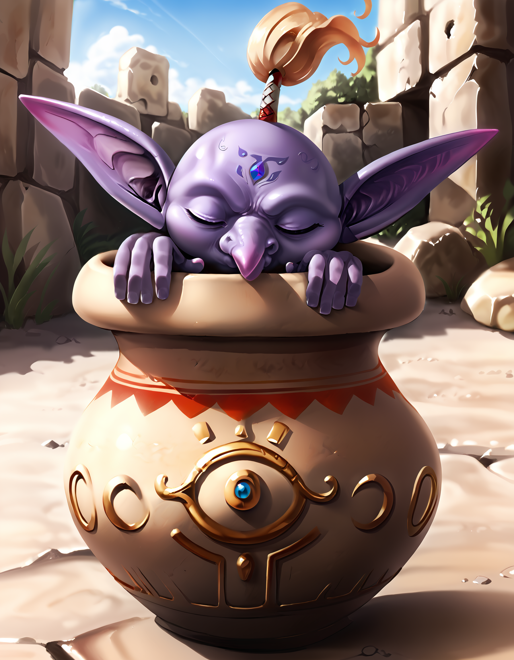 zPDXL3,masterpiece,extreme detailed,full_body,outdoors,dungeon,<lora:Pony_DetailV2.0:1>,day,
BREAK magicpot,no humans,pointy ears,colored skin,<lora:magicpot-pony:1>,closed eyes,round-bottom flask,sleeping,zzz,