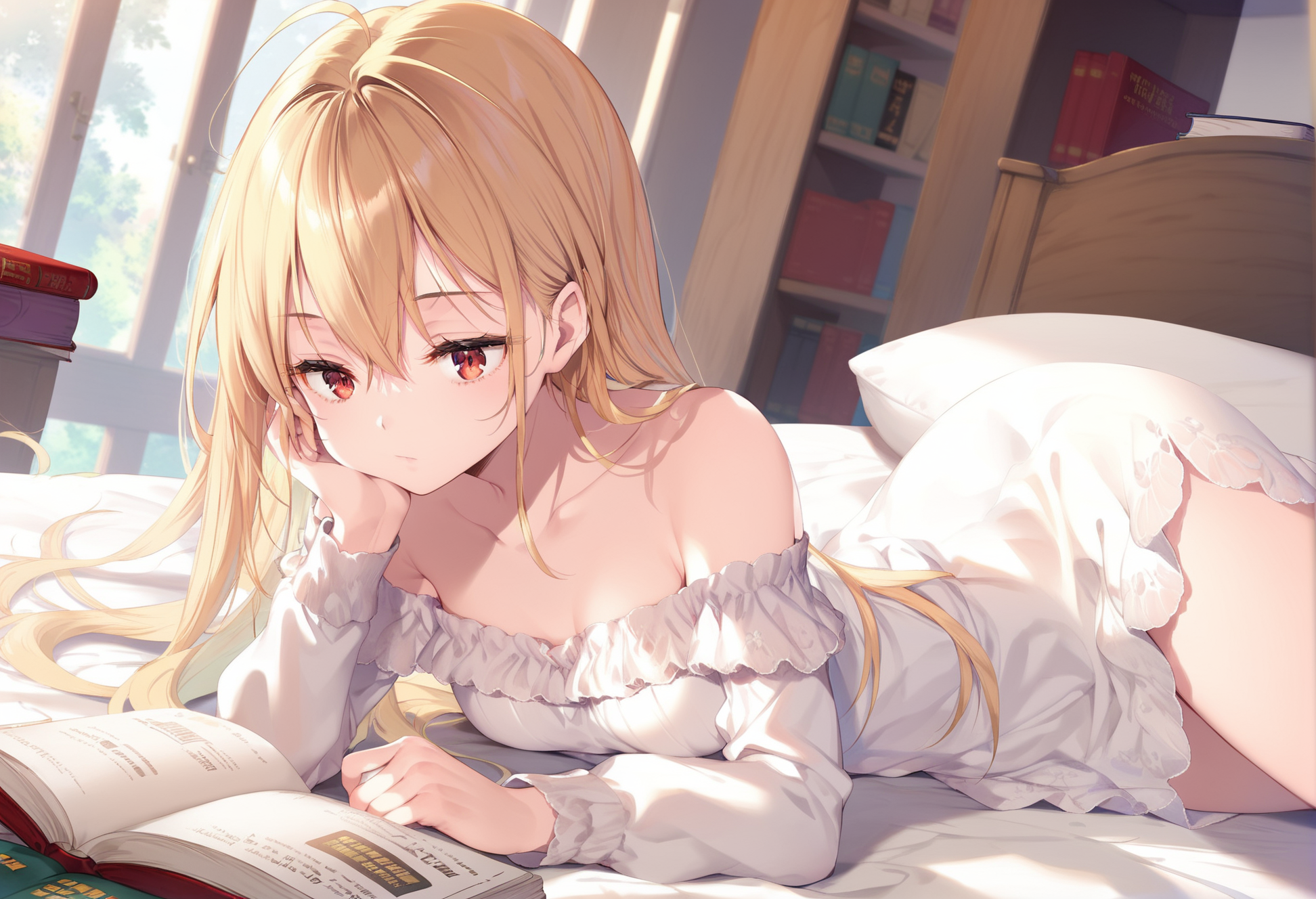 score_9, score_8_up, score_7_up,
1girl, solo, terakomari, long sleeves, bare shoulders, collarbone, white dress, head rest, reading book, lying, on bed, 
bedroom, 
 <lora:Terakomari-11:0.9>