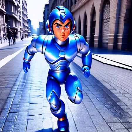 megaman, running on a street, street level, blue robot, 3d++, smooth, high details, masterpiece, 4k, (handsome teen face), (realistic face:1.5), (high detailed face:1.5), (high detailed eyes:1.5), (serious), (focused)