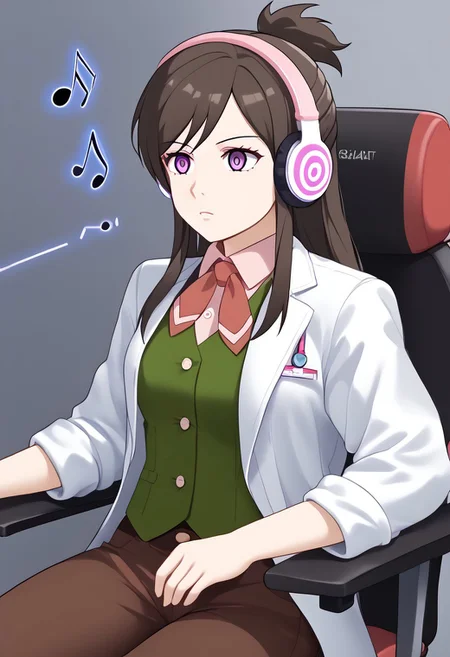 Ema being hypnotized by music from headphones,
score_9, source anime, lewd, 1girl,
mind control, hypnotized, empty_eyes, blank stare, slack jaw, hypnotic music,
large headphones, music notes from headphones, slack body in chair, swivel chair,
ema skye, half updo, white lab coat, sleeves rolled up, green vest, red neckerchief, brown pants