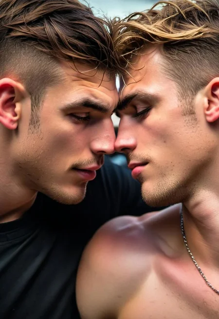 kyle ross, male focus, two handsome 18yo platinum blonde twinks embracing and kissing, close up of faces kissing, holding each other from behind, hugging from behind, face focus, dynamic posture, dramatic angle, camera angle from below, shirtless, stubble, hands on hip, black dog collar, black neck collar, long chain necklace, kinky,
skinny muscled, slender muscled, skinny, slender features, narrow shoulders, detailed armband tattoo, cute face, boyish face, perfect biceps, bicep veins, bulging veins, defined veins, great pecs, thin waist, angular face, strong and powerful, sporty, predatory look, feathered hair, long hair, shoulder length hair, great detail, satisfaction, blue eyes, bubble butt, small ass, small butt, tight shorts,
(Masterpiece, high quality:1.3), masterpiece, depth of field, bokeh, detailed, homoerotic, (homoerotic), highly detailed, sharp focus, intricate, smooth, elegant, fantasy, cinematic lighting, cinematic, masterpiece, matte, photorealistic, 4k, beautiful, volumetric lighting, dramatic, photo-realistic, life-like, high detail, lighting, 8Knematic lighting, 8K, contrast lighting, contrasting lighting, cinematic lighting,