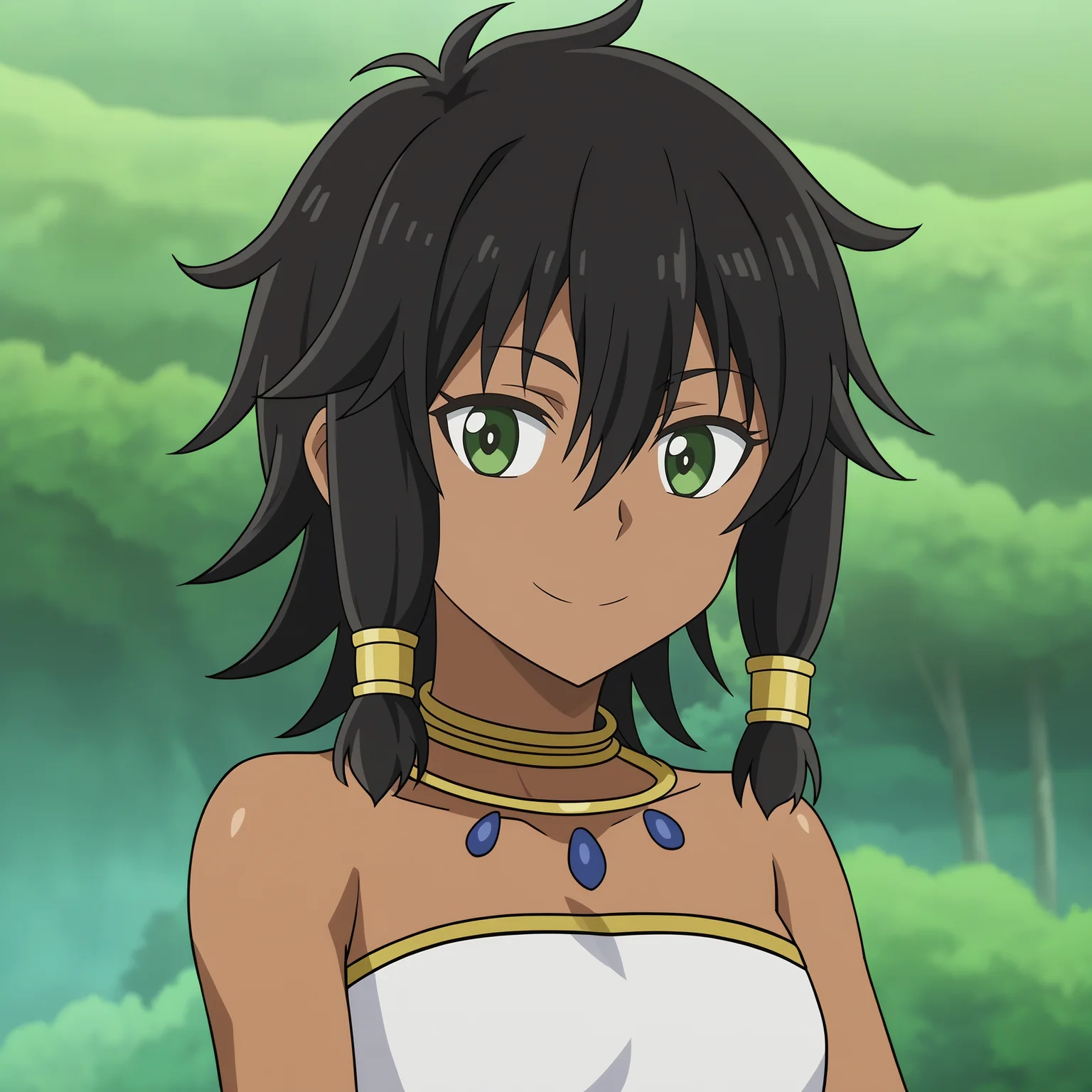 outdoors,nature,
<lora:TionaXL:0.7>,tionasdxl, hair tubes, dark-skinned female, 1girl,solo, neck ring, black hair, short hair, bare shoulders, looking at viewer, green eyes,smile,portrait, hair between eyes,close-up,white bandeau,
<lora:Anime_Screencap:1>,anime screencap, anime coloring,
