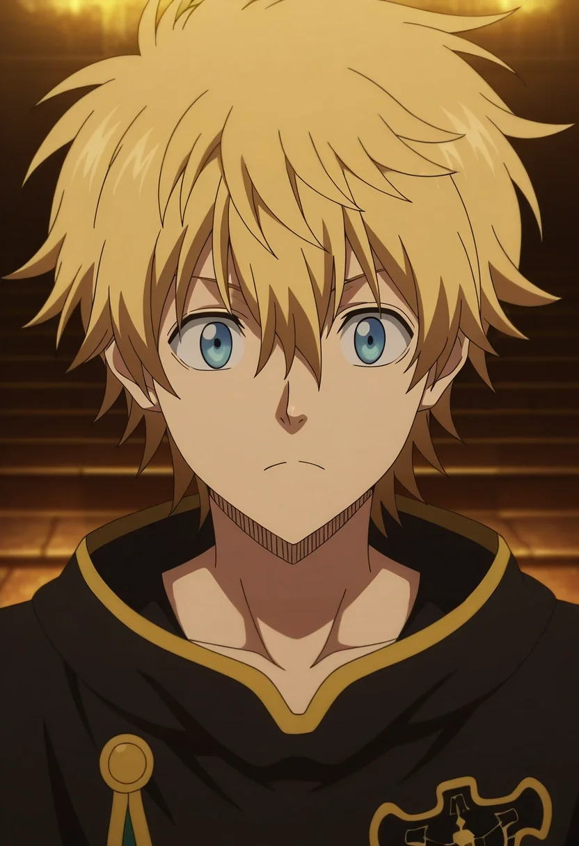 masterpiece, best quality, , anime screencap, anime coloring, , , 1boy, solo, male focus, <lora:luck_voltia_ilxl:0.92>, luck_voltia, blonde hair, blue eyes, short hair, hair between eyes, , , ,