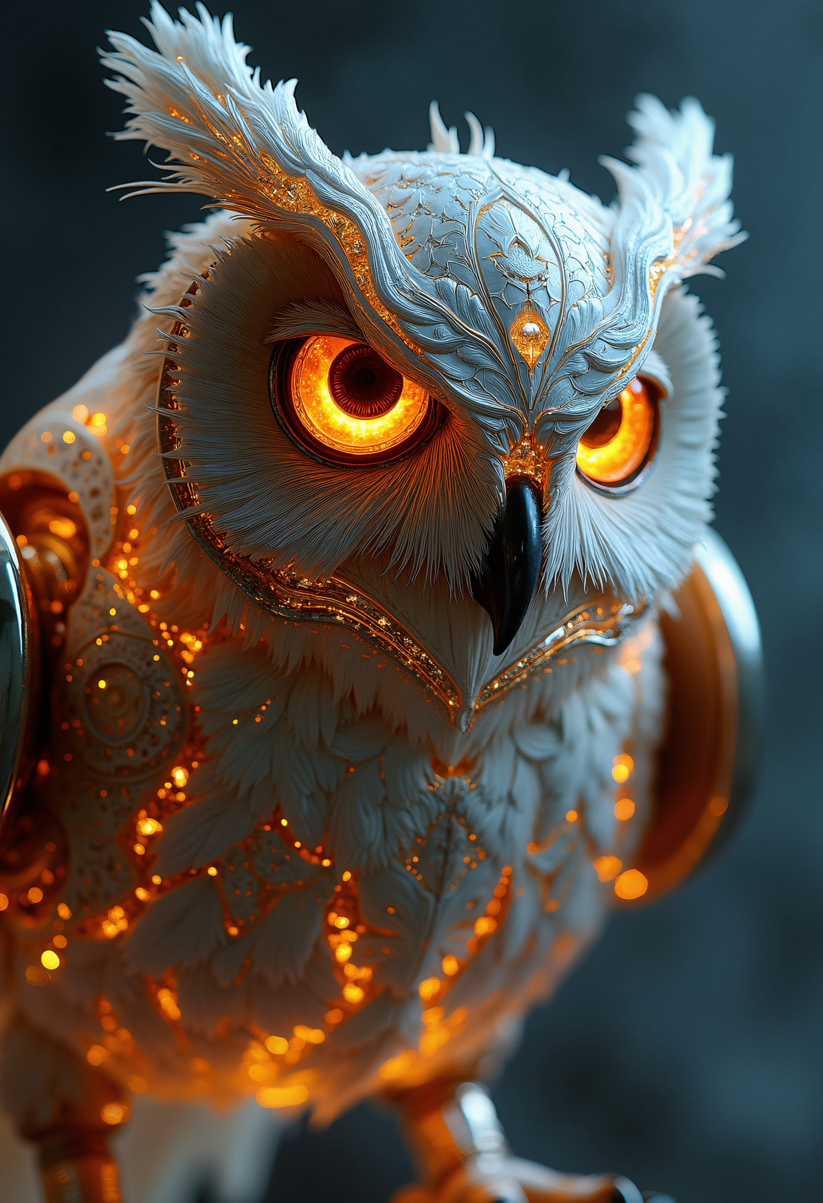 Hero shot of an intense angle shot of a heroic character made of reflective glass mirrors and glossy metal and glossy plastic, the owl is peering over his immaculate wing with its intense gaze. it is on display in a bright showroom. The body and wings transparent. This is no ordinary creatureâit is formed of reflective glossy and transparent metals, and dripping with silver and gold accents, it is intricate, made entirely of perfect reflective gears and futuristic mechanical components shining reflectively in the bright lighting. The feathers are crafted with precision, each piece intricately placed to form a harmonious, mechanical body that symbolizes futuristic modernity, The owl's eyes are piercing, glowing softly with an amber flames reflected as they stare directly into the camera, radiating an aura of transient knowledge. The lighting is incredible. The scene is captured in a close-up detail shot with a Nikon D850, 85mm f/1.4, focusing on the intricate craftsmanship of the owlâs feathers and the delicate balance of its mechanical form. The atmosphere is intense. motion blur featured behind the owl showing the aggressive nature and power, flames reflected in the highly glossy eyes, molten metals dripping off the futuristic bird