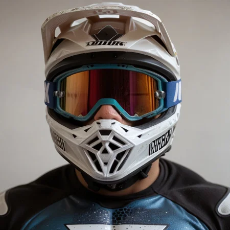 score_9, score_8_up, score_7_up, 1boy, dirt bike helmet, face covered, eyes covered, tinted goggles, muscular male, bodysuit, close up, facing forward,