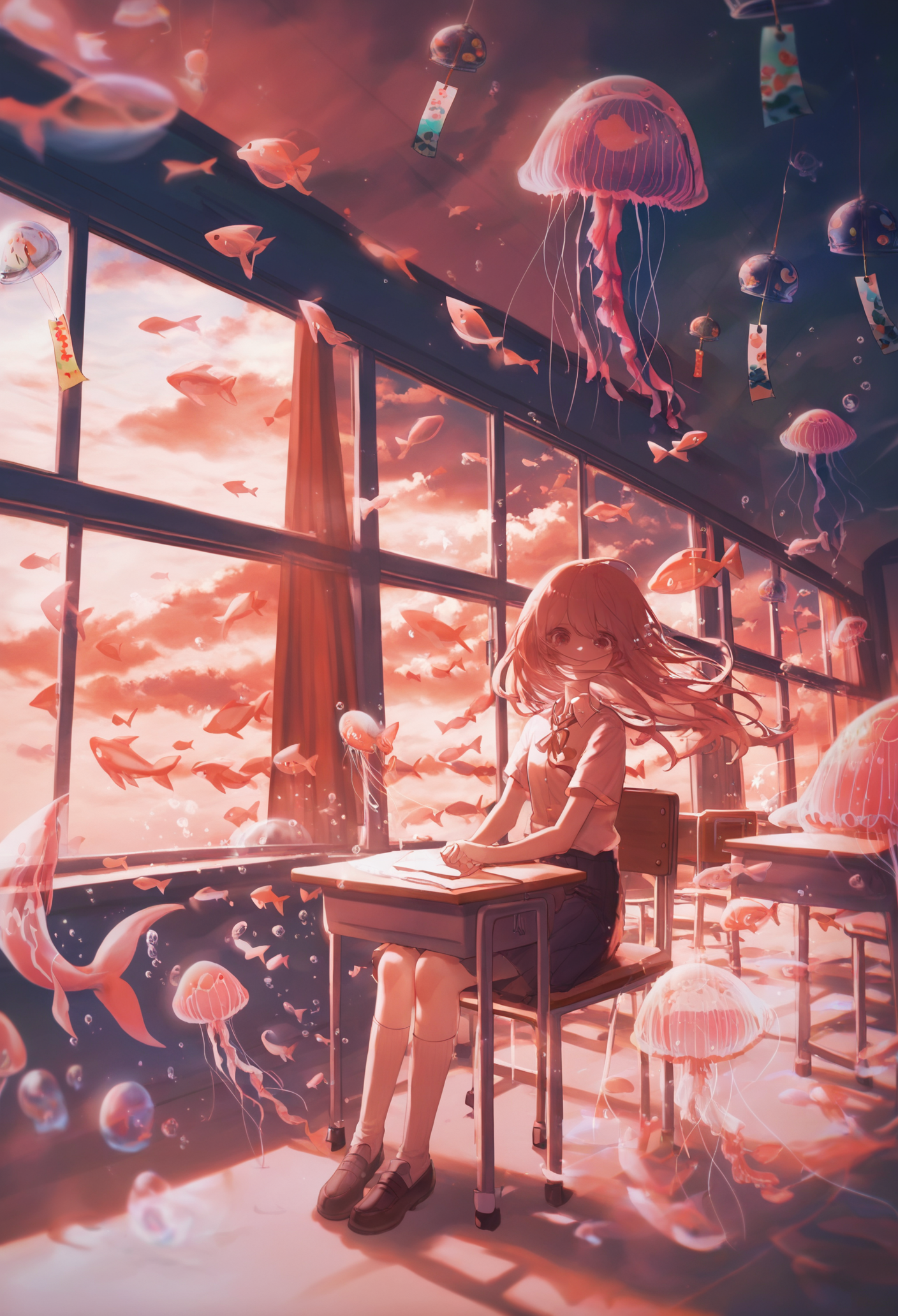 1girl, 
jellyfish, desk, window, chair, sitting, indoors, classroom, skirt, school desk, cloud, bubble, surreal, solo, fish, moon, sky, school uniform, school chair, socks, curtains, shirt, pleated skirt, long hair, short sleeves, full body, loafers, kneehighs, red theme, looking at viewer, school, wind chime, white socks, collared shirt, shoes 
lighting, floating object,
.
masterpiece, best quality, very aesthetic, absurdres
 <lora:konyakarasuefornoob:0.95>