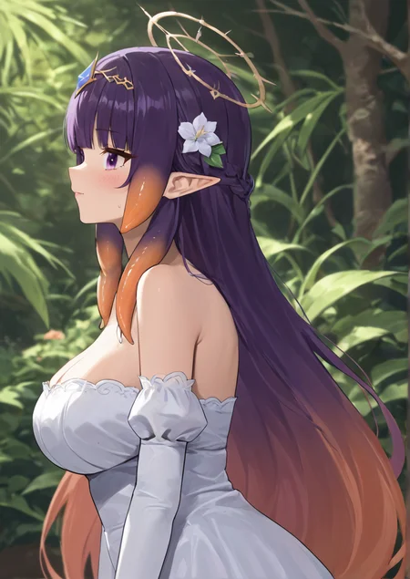 1girl, ninomae ina'nis, huge breast, bare shoulders, blunt bangs, blush, dress, elbow gloves, flower, from side, gloves, gradient hair, headpiece, hololive idol uniform (bright), long hair, looking at viewer, multicolored hair, orange hair, pointy ears, purple eyes, purple hair, sidelocks, solo, straight hair, strapless, strapless dress, tentacle hair, tube dress, very long hair, white dress, <lora:ããã³cosbi:0.8>