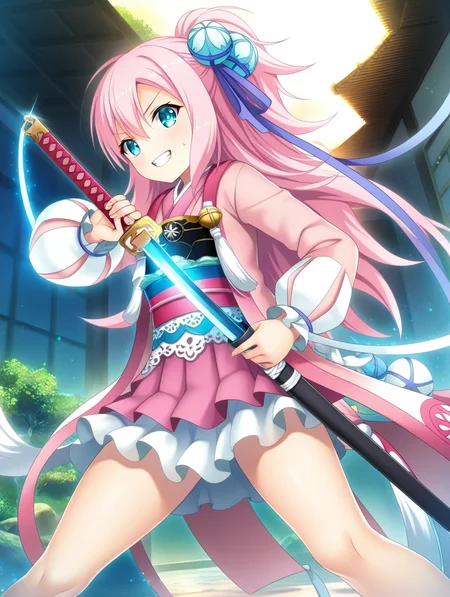 masterpiece,best quality,amazing quality,very aesthetic,absurdres,newest,scenery,<lora:mari_sengoku koihime_ilxl_v1-000010:0.8>,1girl,pink hair,(solo:1.5),hair ornament,blue eyes,long hair,smile,looking at viewer,long sleeves,hair flower,hair ribbon,mari\(sengoku koihime\),standing,teeth,sweatdrop,serious,sparkle,glowing eyes,katana,scabbard,unsheathing,