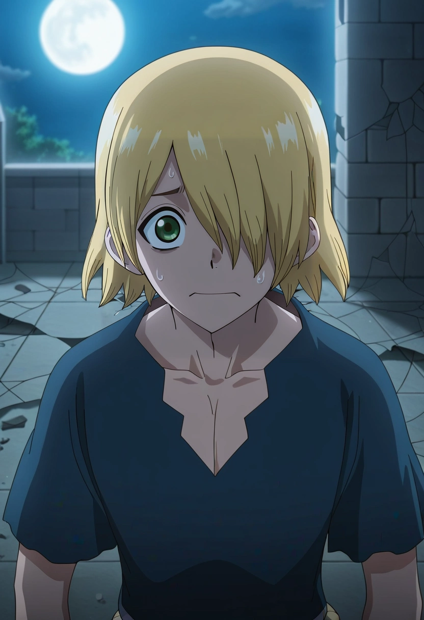 masterpiece, best quality, , anime screencap, anime coloring, , looking at viewer, 1boy, solo, male focus, <lora:ginrou_dr_stone_ilxl:0.96>, ginrou_dr_stone, blonde hair, green eyes, short hair, hair over one eye, , haunted mansion, dusty furniture, cobwebs, broken mirrors, investigating pose, nervous expression, moonlight,