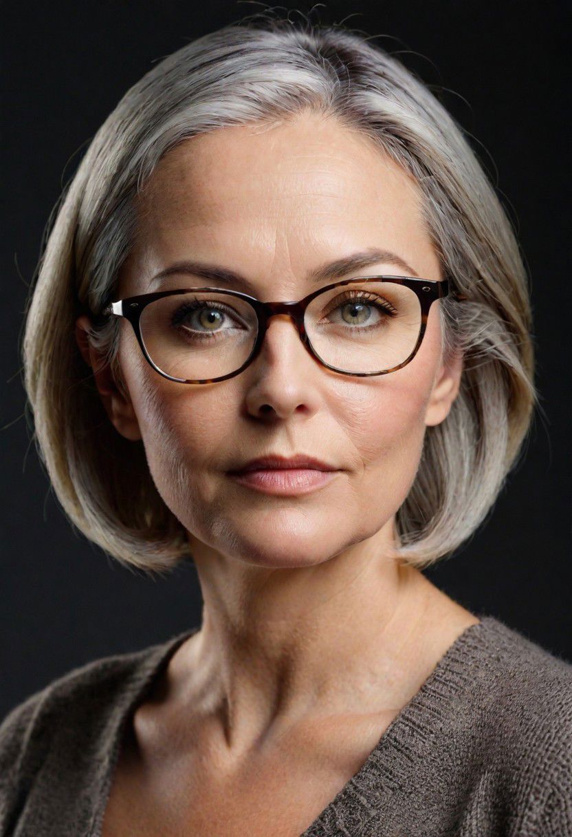 Fixhand, portrait, side shot, profile, 45 year old woman, square face, slightly chubby cheeks, gray hair, ((light gray eyes)), square face, downturned eyes, wide set eyes, glasses, thin lips, ((low cheekbones)), full cheeks,  full eyebrows, low-key