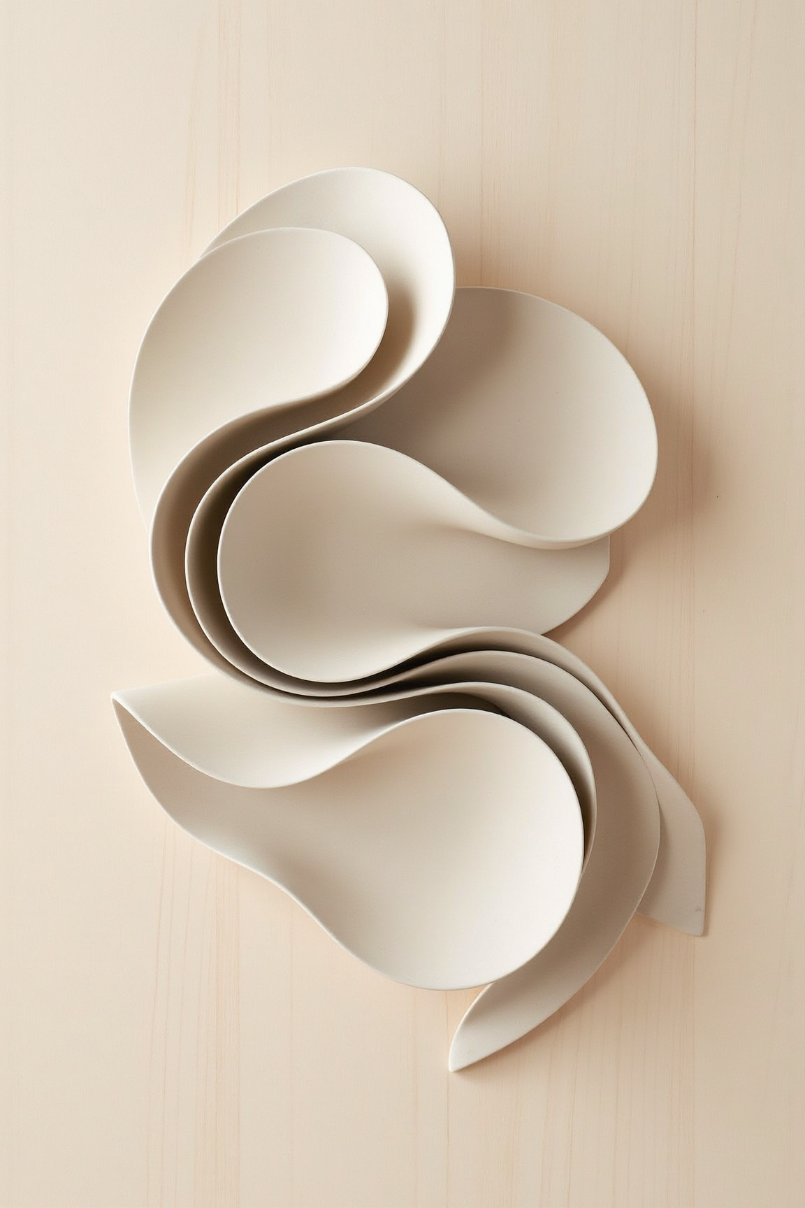 , YFG-Ge0m this photograph captures a sculptural piece composed of light-colored, ribbon-like forms arranged in a dynamic, swirling pattern against a pale, textured wooden surface, all viewed from an overhead perspective. the sculpture, likely crafted from a smooth, off-white material such as ceramic or plaster, exhibits a series of flowing, three-dimensional shapes that curve and overlap, creating a sense of movement and layered complexity. the natural, even lighting casts soft shadows and highlights, emphasizing the rounded edges and depth of the forms while maintaining a minimalist aesthetic through its simple color scheme and clean lines. the light beige or cream-colored wooden background, with its visible grain and texture, complements the sculpture's organic feel and provides a neutral canvas that allows the central subject to be the clear focal point, evoking a sense of artistic elegance and tranquil fluidity.