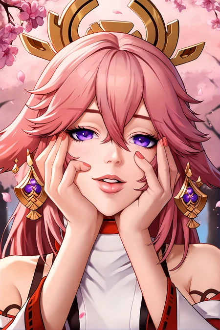 score_9,
<lora:yandere_trance_v1_pruned:1>, yandere trance, close-up, parted lips, upper teeth only, lips, light smile,
yae miko,
cherry blossoms,
high resolution, Masterpiece, detailed