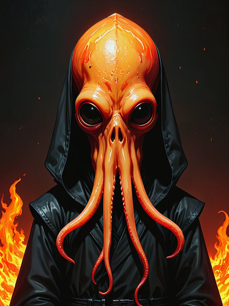 Horror. Squid face. The depths of darkness, amongst the flames.
<lora:SquidFace01_CE_XL_300-OT:0.6> sqdfceCE_style