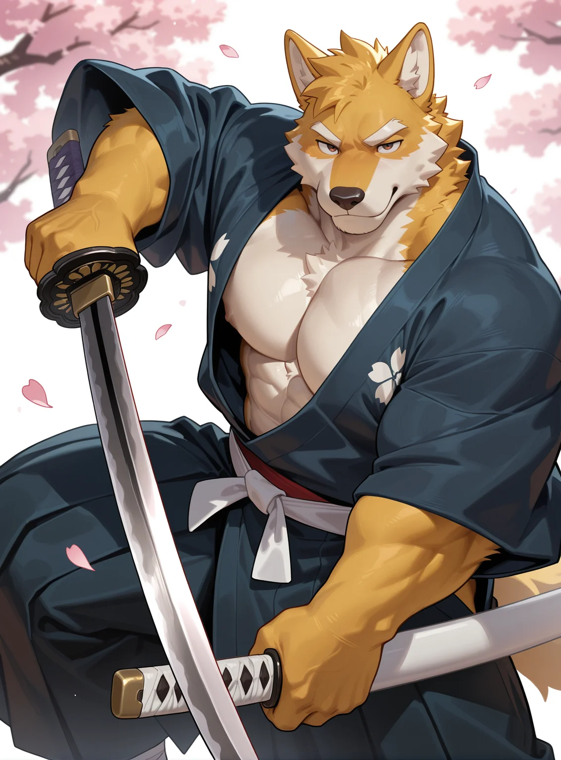 best quality,newest,masterpiece,absurdres,highres,safe,male furry,bara,Muscles,perfect anatomy,smooth,huge biceps,sexy,handsome,solo,Japanese clothes,(kimono),
Ronin,samurai,Chodachi,cherry blossoms,(long sword),Iai slash,firm eyes,falling cherry blossoms,flying cherry blossom petals,loot at you,Ronin clothes,attack stance,5finger,claws,blade,Golden fur,straight sword,