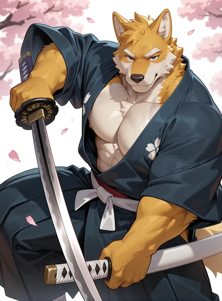 best quality,newest,masterpiece,absurdres,highres,safe,male furry,bara,Muscles,perfect anatomy,smooth,huge biceps,sexy,handsome,solo,Japanese clothes,(kimono),
Ronin,samurai,Chodachi,cherry blossoms,(long sword),Iai slash,firm eyes,falling cherry blossoms,flying cherry blossom petals,loot at you,Ronin clothes,attack stance,5finger,claws,blade,Golden fur,straight sword,
