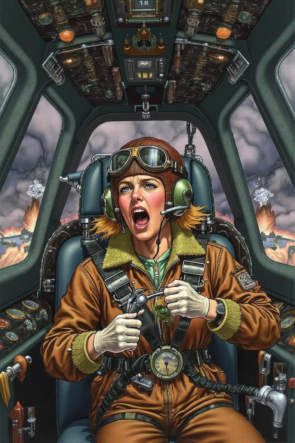 jole1 illustration.
A female pilot screaming inside the cockpit of a World War II bomber. The pilot, wearing a vintage leather flight helmet with goggles and a bomber jacket, grips the controls with white-knuckled hands. Her face is contorted in a mix of fear and determination as she yells, her eyes wide with adrenaline. The cockpit is cramped and filled with old-fashioned dials and gauges, with the outside view showing dark stormy clouds and distant anti-aircraft fire <lora:jole1_cap_d6a3e12:1.0><lora:825878368277848456:0>