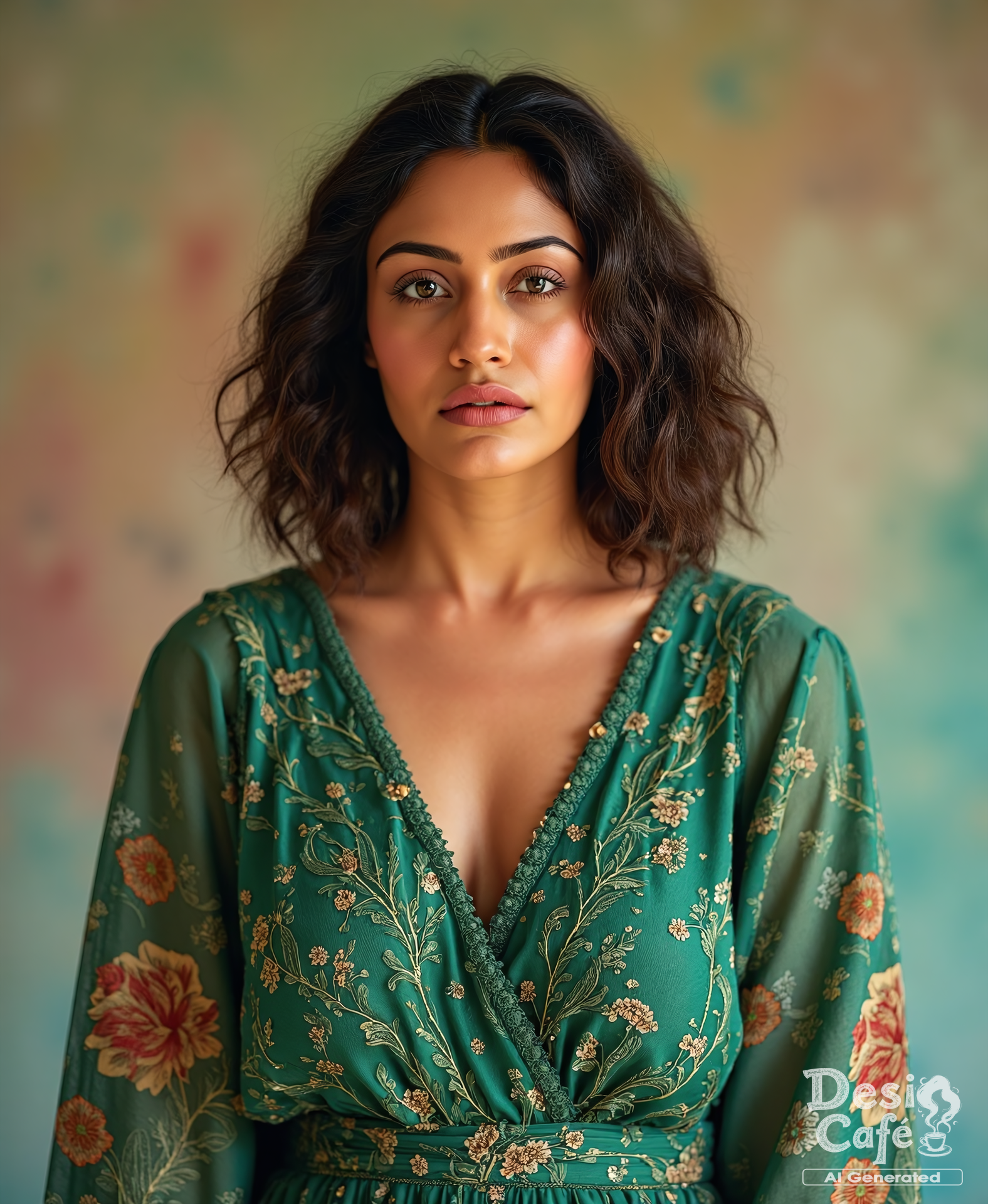 from front photo of Surabhi Chandna woman, hyper realistic photo that is safe for work,  studio quality image with natural colors, well dressed wearing intricate long sleeved Forest Green floral summer dress, hair styled as  90s blowout,muted pastel shaded multicolored background that contrasts with the person, cinematic lighting,âââââ âââ  <lora:Surbhi_Chandna_Flux_Kohya_V1:0.9>âââ