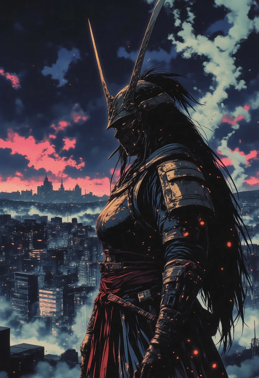 futuristic armor, in a dark futuristic style, Ronin, 1girl, battle-hardened warrior, scars, battle worn, she wears battered armor, katanas, dual katanas, Thick smoke swirls around her, creating an atmosphere of mystery and tension, In the distance, a neon city can be seen on the horizon, illuminating the dark night and adding a futuristic contrast to its image,