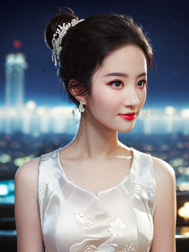 score_9,score_8_up,score_7_up,score_6_up,
sexy 20 year old girl,1girl,
face focus,(sleeveless chinese clothes:1),floral print,depth of field,night cityscape,hair bun,ulzzang-6500v1.1,(original:1),(realistic:1),beautiful girl with beautiful details,extremely detailed eyes and face,eyes with beautiful details,absurd,incredibly absurd,huge file size,ultra detail,high resolution,ultra detailed,best quality,masterpiece,illustration,ultra detailed and beautiful,ultra detailed,CG,unity,8k wallpaper,amazing,fine Detail,masterpiece,top quality,official art,extremely detailed CG unity 8k wallpaper,cinematic lighting,(perfect shiny skin:0.6),slim and smooth lines,(floating),earrings,smile,
<lora:add-detail-xl:0.9>,<lora:zy_AmateurStyle_v2:0.9>,<lora:sinfully_stylish_SDKL:0.8>,<lora:LYF_Pony_v1:1>,