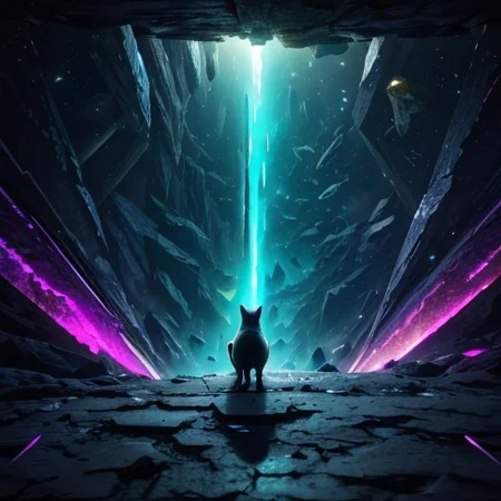 In the vast emptiness of the interstellar void, a cat whose omnipotent powers sits in a cyberpunk street, collide.highest quality, enhanced quality, creative, beautiful, vibrant, masterpiece, 8k, amazing details, amazing quality, amazing artist, sharp edges, detailed textures, full view, atmospheric lighting, amazing visuals, crystals fantasy, crystals, crystal, bg_imgs, cyberpunk, neon lights, science fiction, view from above,